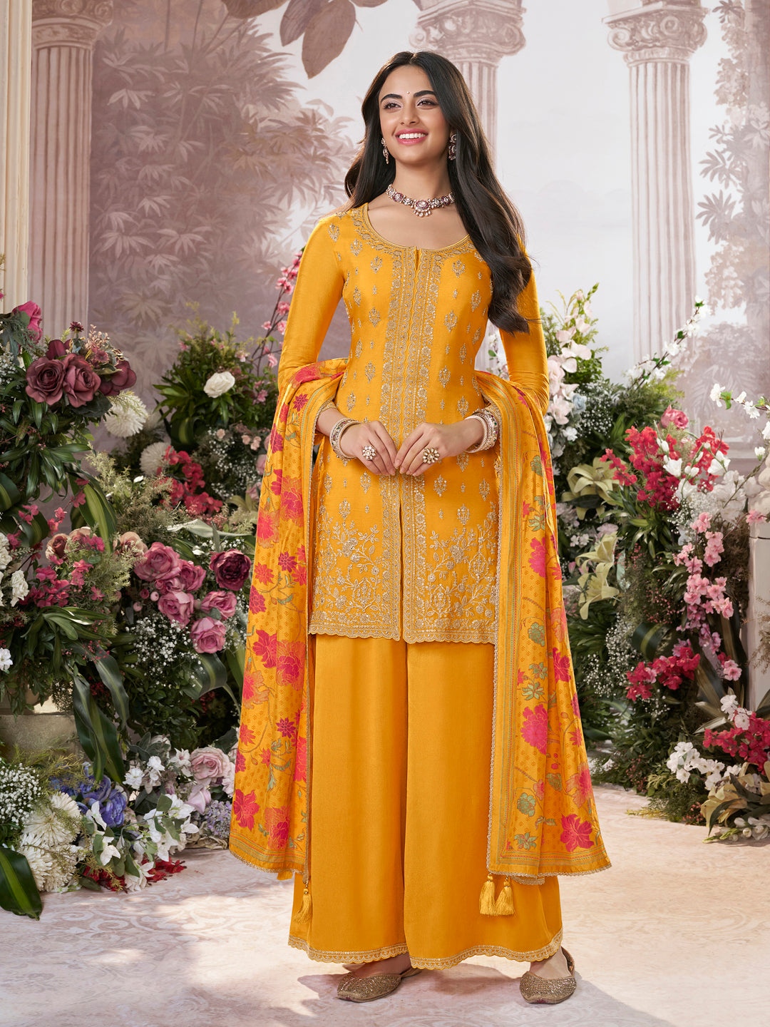 Mustard Chinon Embroidered Straight Kurta Sharara Set
