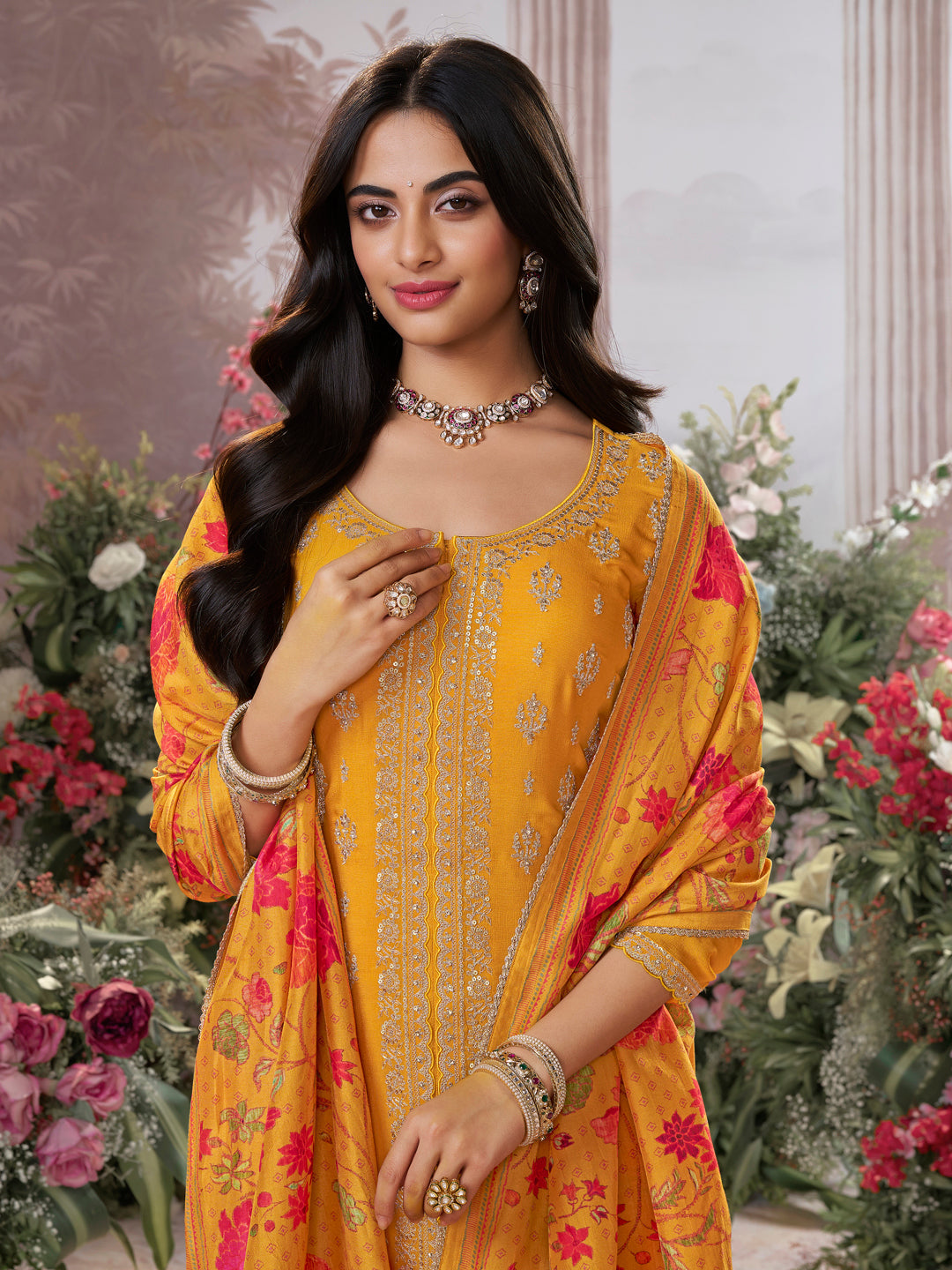 Mustard Chinon Embroidered Straight Kurta Sharara Set
