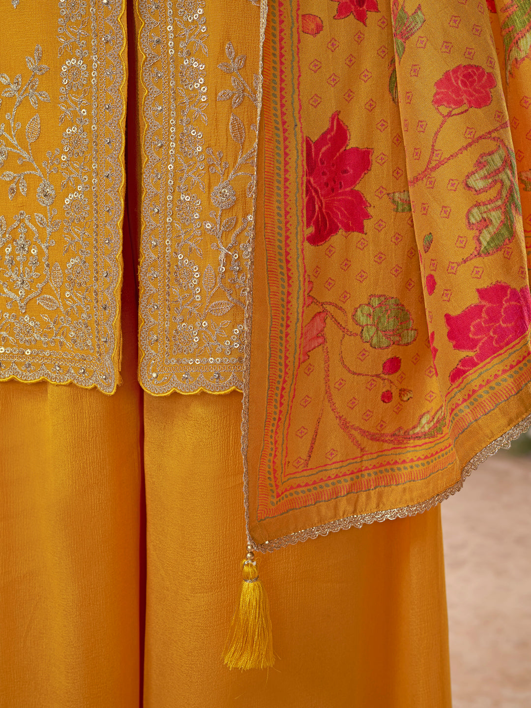 Mustard Chinon Embroidered Straight Kurta Sharara Set