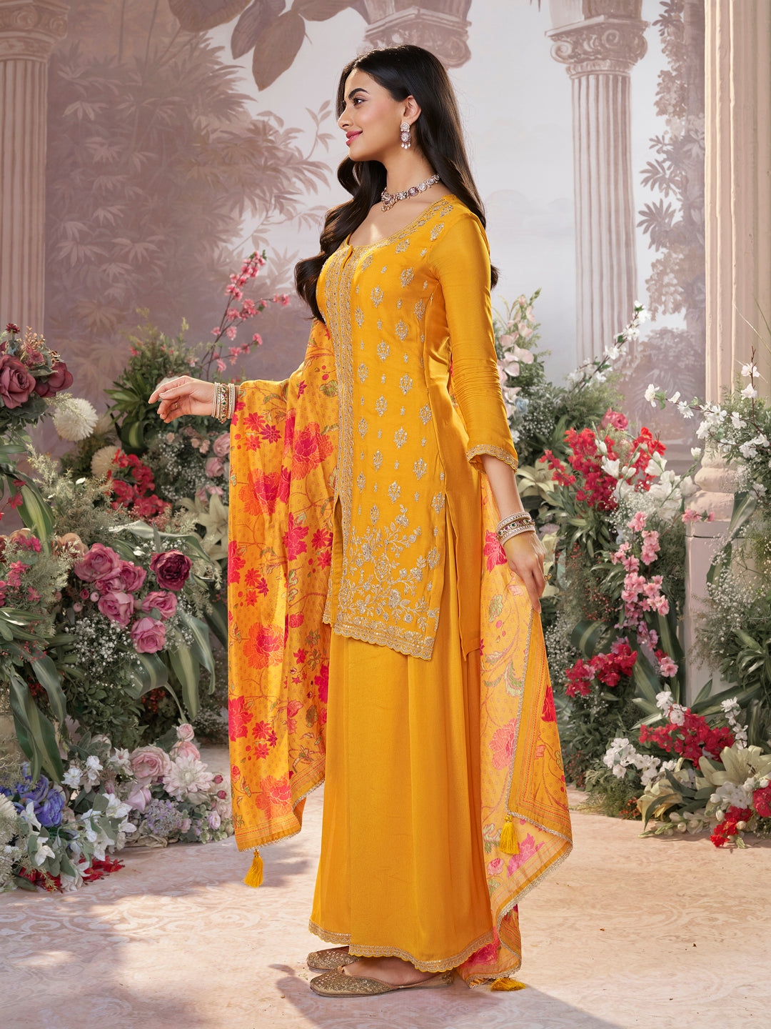 Mustard Chinon Embroidered Straight Kurta Sharara Set