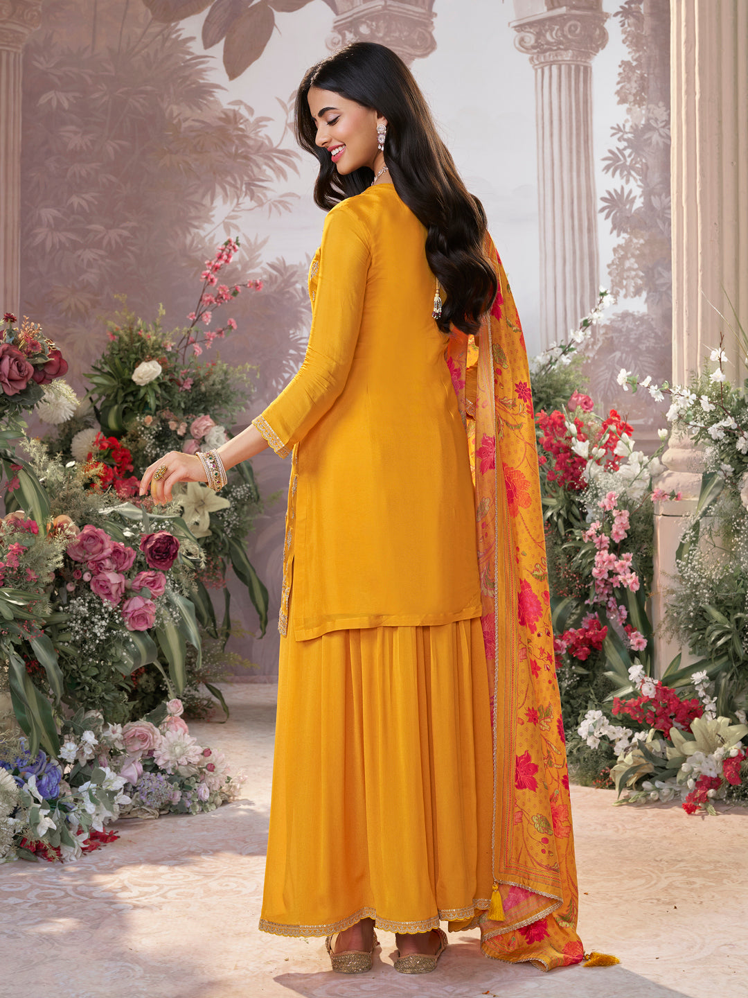 Mustard Chinon Embroidered Straight Kurta Sharara Set