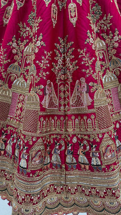 Red Pure Soft Gadwal Silk Heavy Embroidery Work Bridal Lehenga 