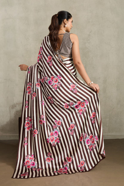 Umber Brown Pure Soft Modal Satin Ajrakh Print Satin Saree Japan Satin Saree Anant Tex Exports Pvt.Ltd..