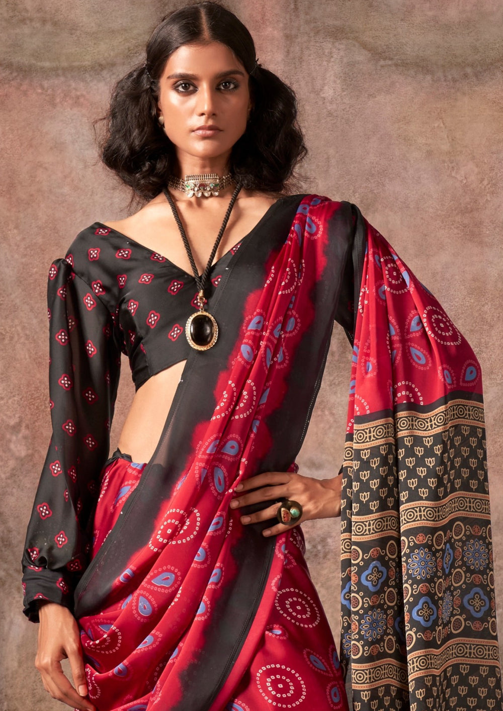 Red Ajrakh Printed Satin Georgette Silk Saree ##color## Japan Satin Saree with premium fabric and embroidery