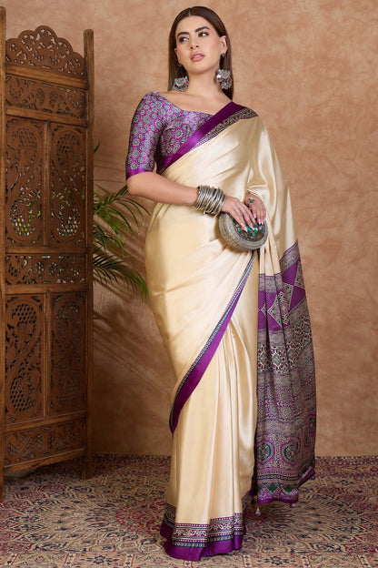 Cream and Purple Pure Soft Modal Satin Ajrakh Print Satin Saree Japan Satin Saree Anant Tex Exports Pvt.Ltd..