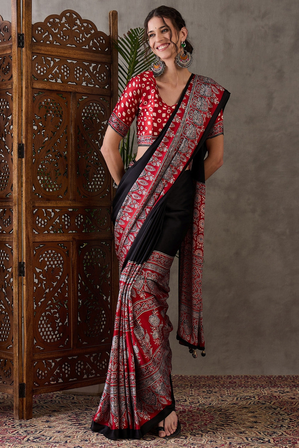 Black Pure Soft Modal Satin Ajrakh Print Satin Saree Japan Satin Saree Anant Tex Exports Pvt.Ltd..
