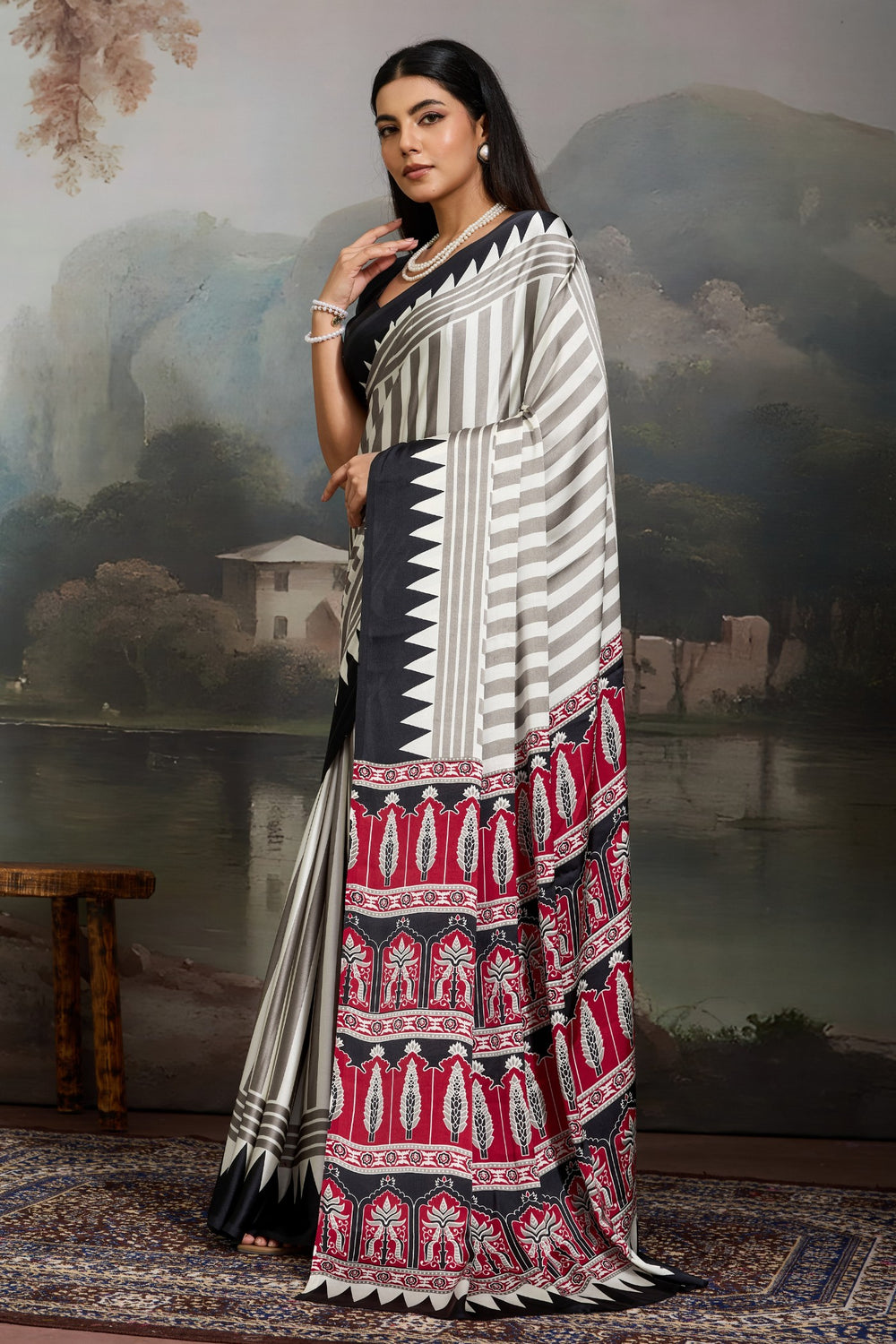 White and Black Pure Ajrakh Printed Satin Crepe Silk Saree 