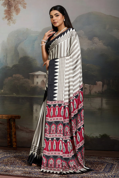 White and Black Pure Ajrakh Printed Satin Crepe Silk Saree 