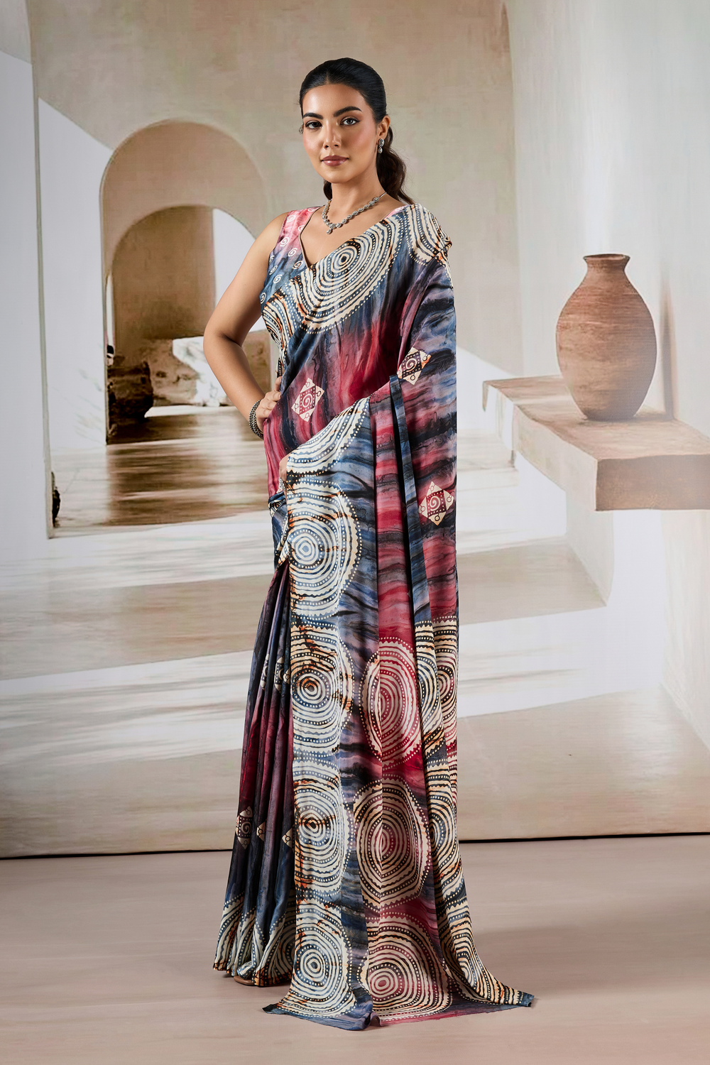 Brown Modal Satin Hand Prism Print Saree ##color## Japan Satin Saree with premium fabric and embroidery