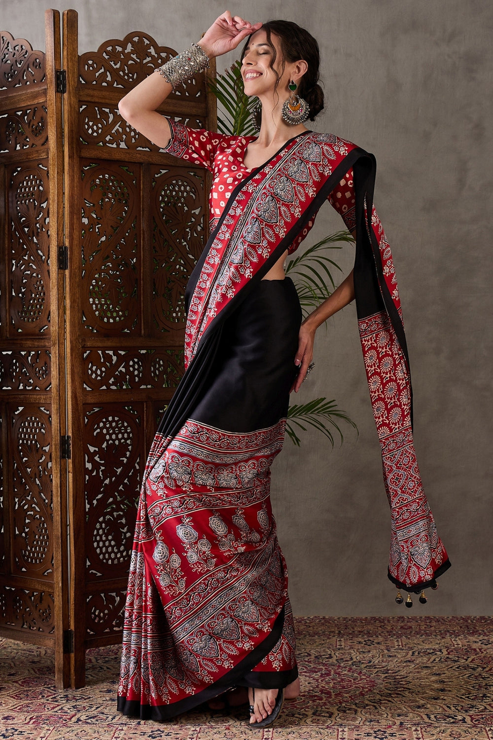 Black Pure Soft Modal Satin Ajrakh Print Satin Saree Japan Satin Saree Anant Tex Exports Pvt.Ltd..
