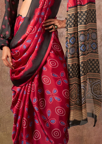 Red Ajrakh Printed Satin Georgette Silk Saree 