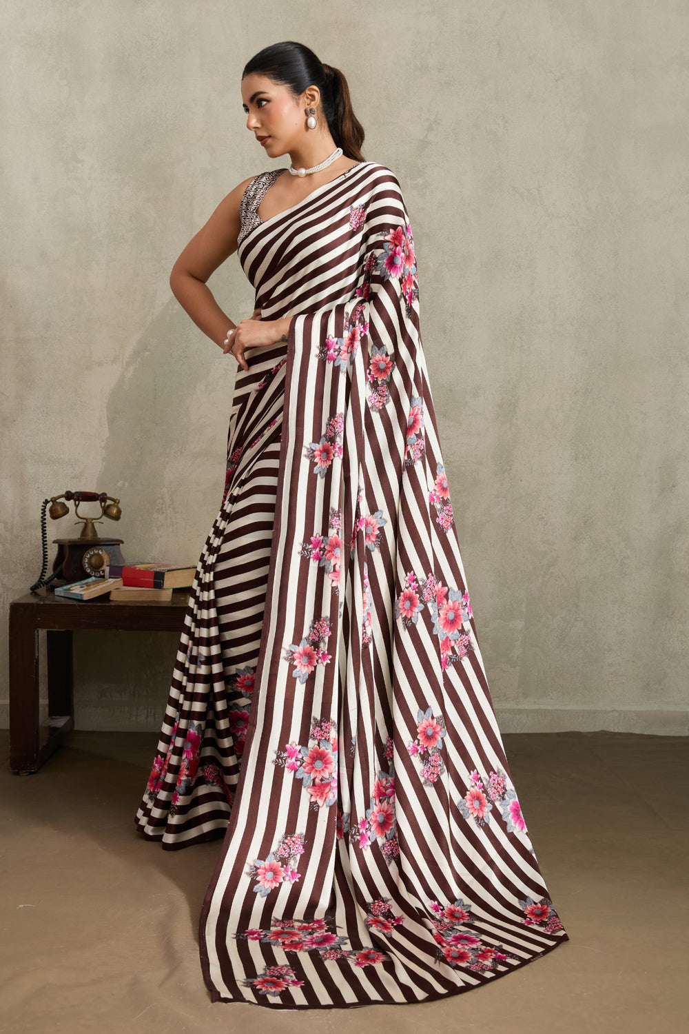 Umber Brown Pure Soft Modal Satin Ajrakh Print Satin Saree Japan Satin Saree Anant Tex Exports Pvt.Ltd..