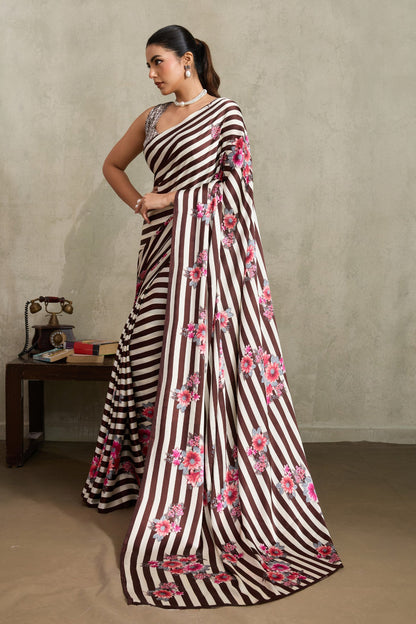 Umber Brown Pure Soft Modal Satin Ajrakh Print Satin Saree Japan Satin Saree Anant Tex Exports Pvt.Ltd..
