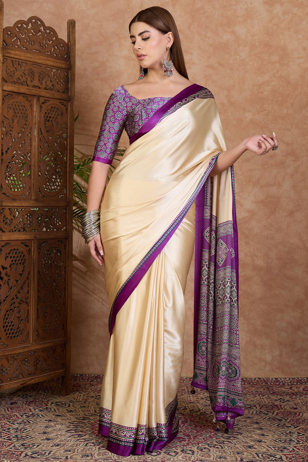 Cream and Purple Pure Soft Modal Satin Ajrakh Print Satin Saree Japan Satin Saree Anant Tex Exports Pvt.Ltd..