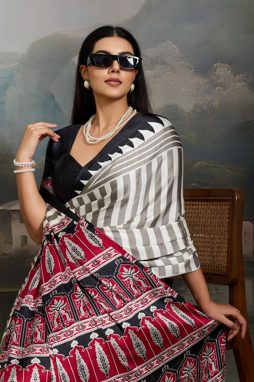 White and Black Pure Ajrakh Printed Satin Crepe Silk Saree 