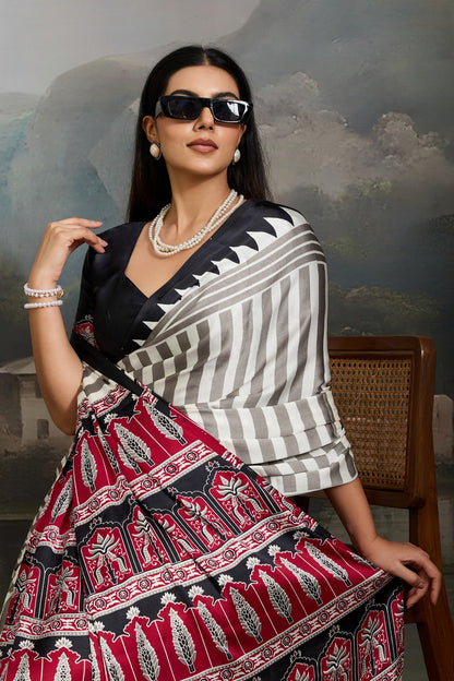 White and Black Pure Ajrakh Printed Satin Crepe Silk Saree 