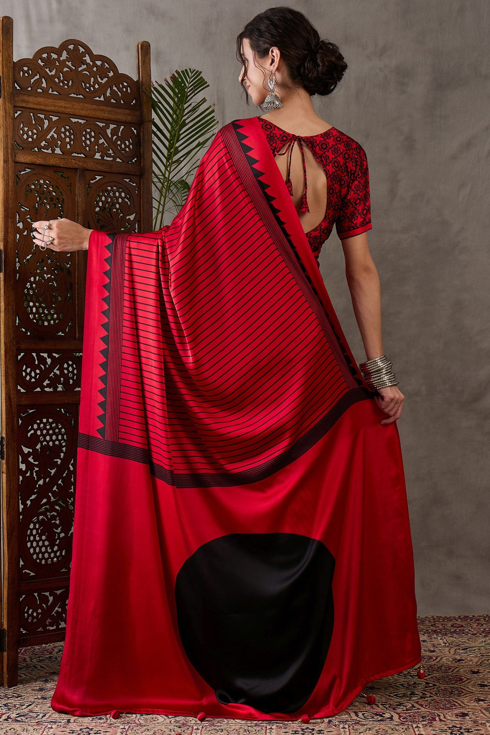 Rose Red Printed Satin Gaji Silk Saree ##color## Japan Satin Saree with premium fabric and embroidery