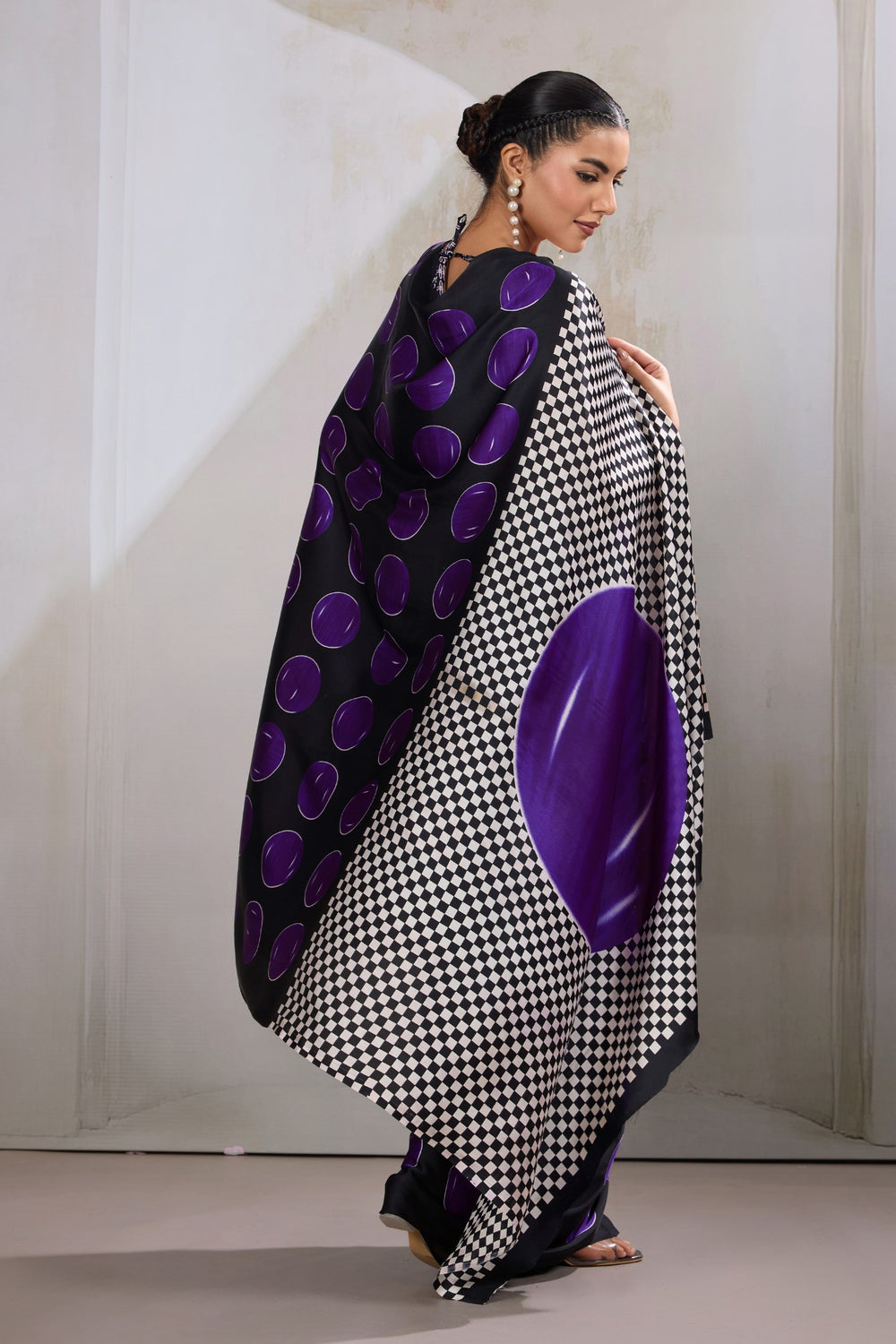 Blue Printed Polka Dots Satin Crepe Saree ##color## Floral Printed Saree with premium fabric and embroidery