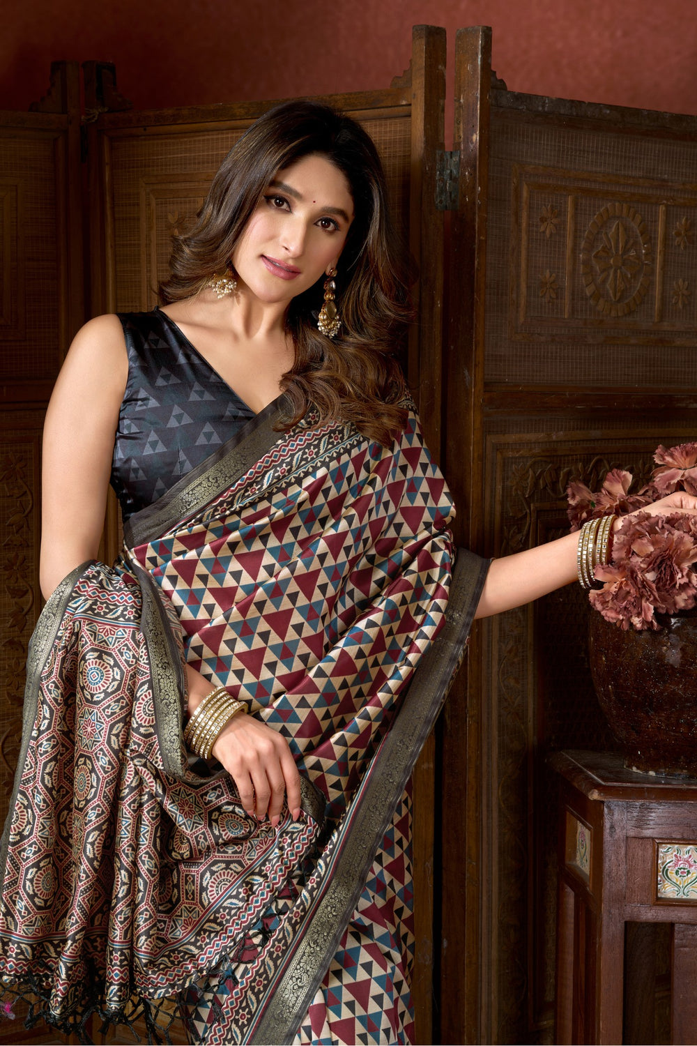 Multicolor White Pure Cluster Silk Ajarkh Digital Printed Saree 