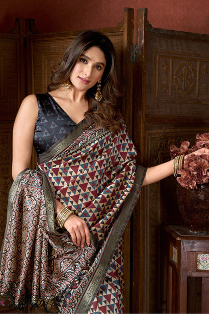 Multicolor White Pure Cluster Silk Ajarkh Digital Printed Saree 