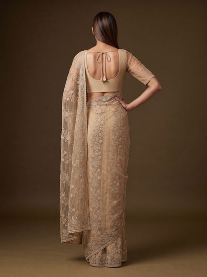 Gold Pure Premium Net Handwork Kasti &amp; Motif Zari Metallic Sequins Work Wedding Saree