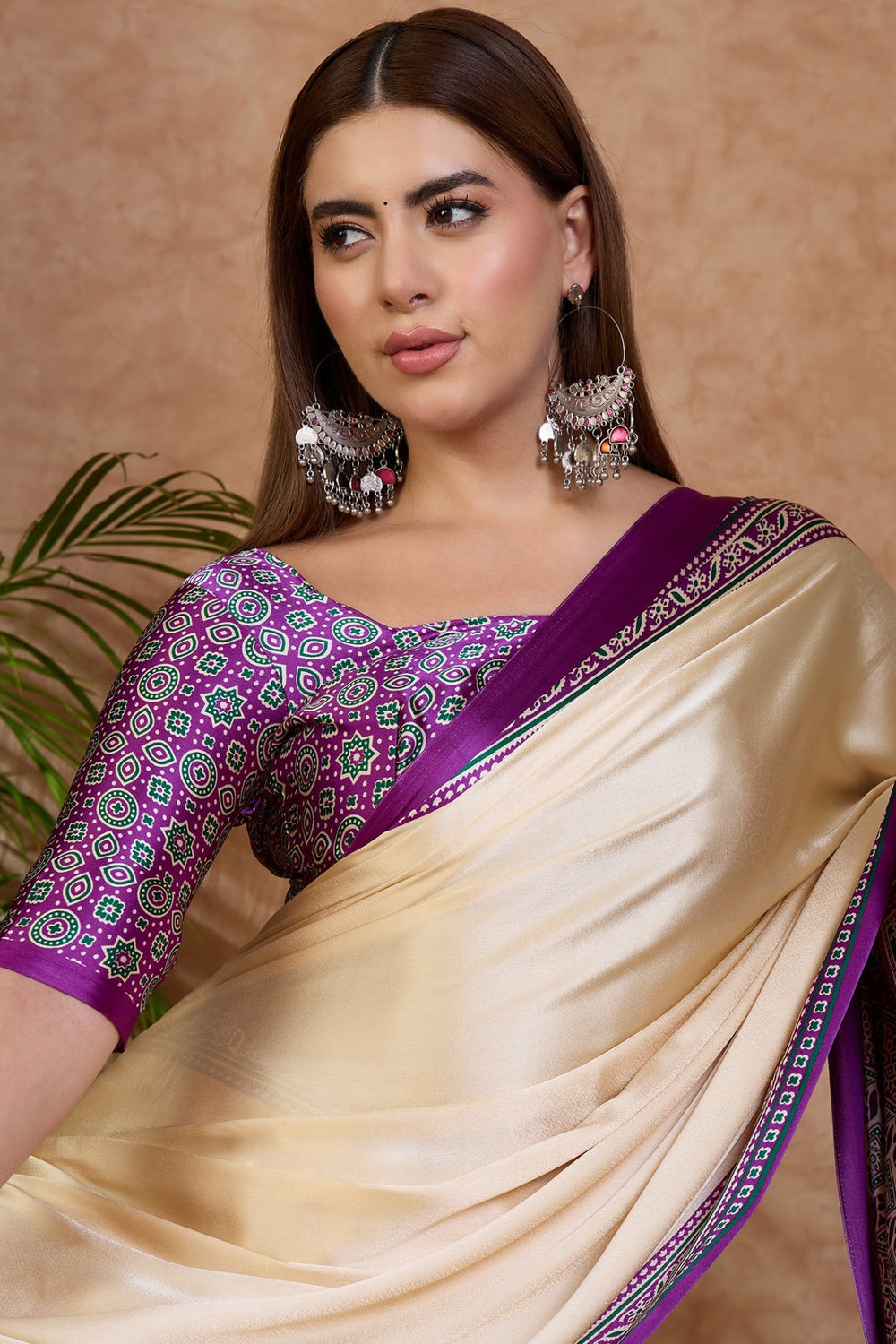 Cream and Purple Pure Soft Modal Satin Ajrakh Print Satin Saree Japan Satin Saree Anant Tex Exports Pvt.Ltd..