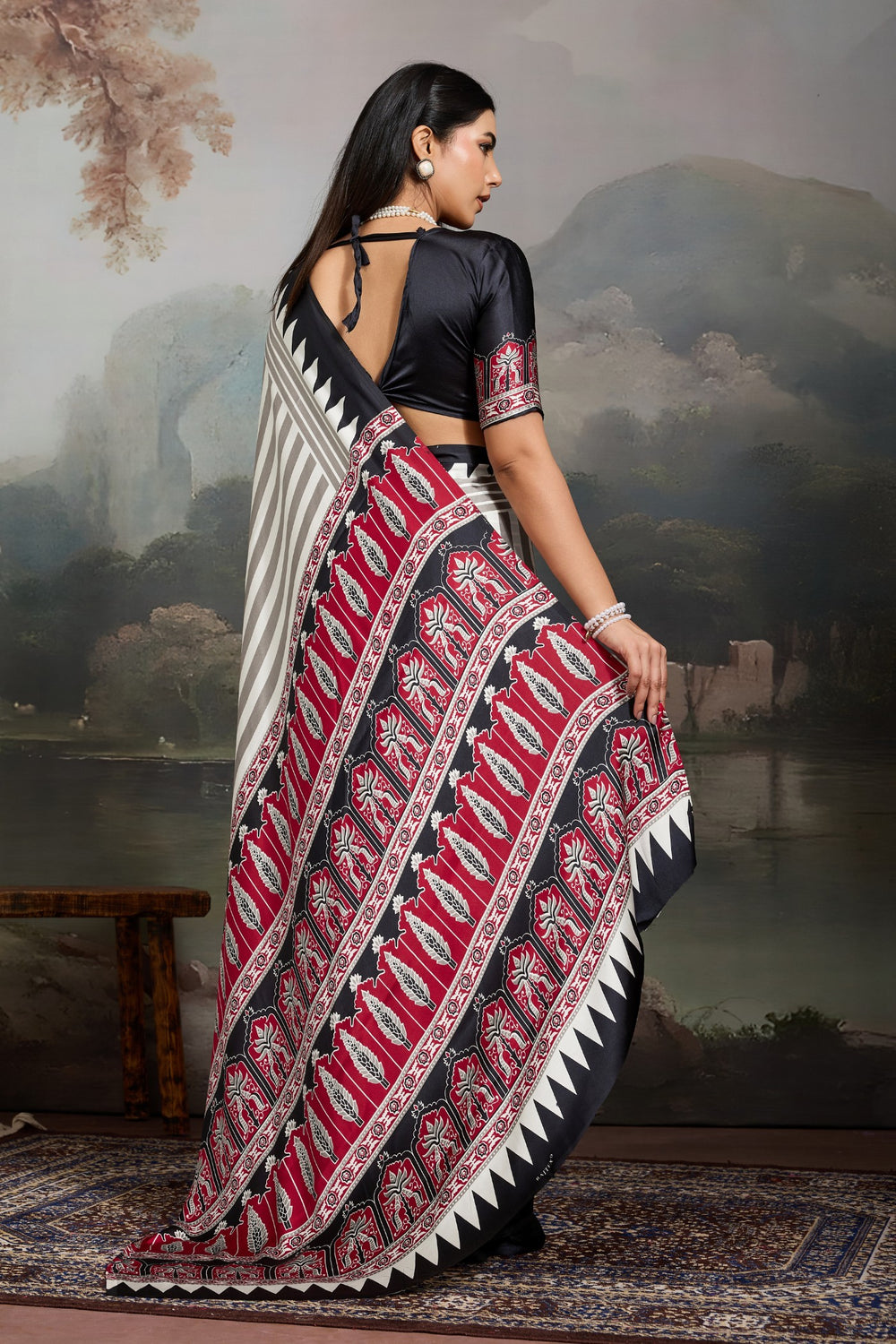 White and Black Pure Ajrakh Printed Satin Crepe Silk Saree ##color## Floral Printed Saree with premium fabric and embroidery