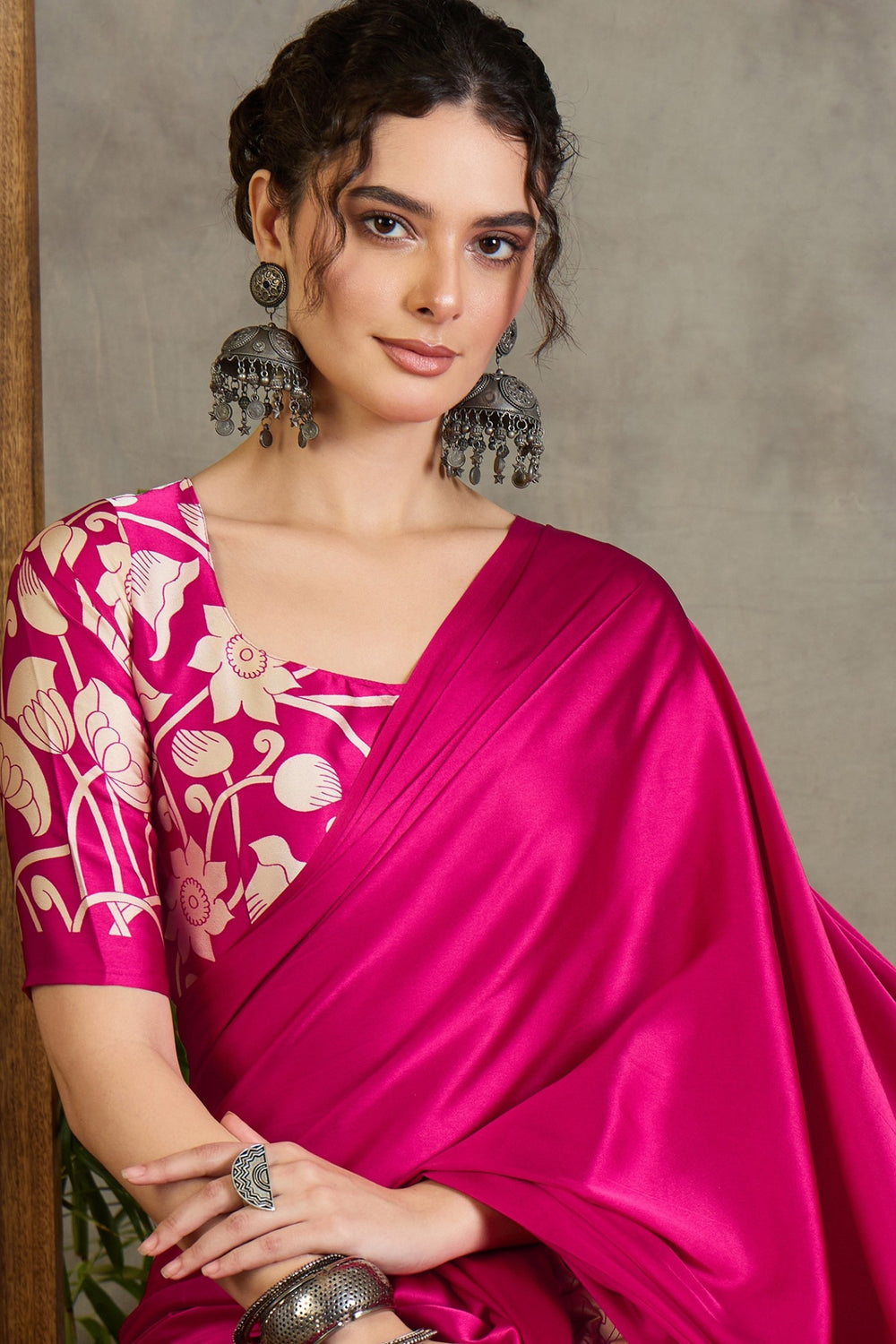 Pink Kalamkari Printed Satin Silk Saree ##color## Floral Printed Saree with premium fabric and embroidery