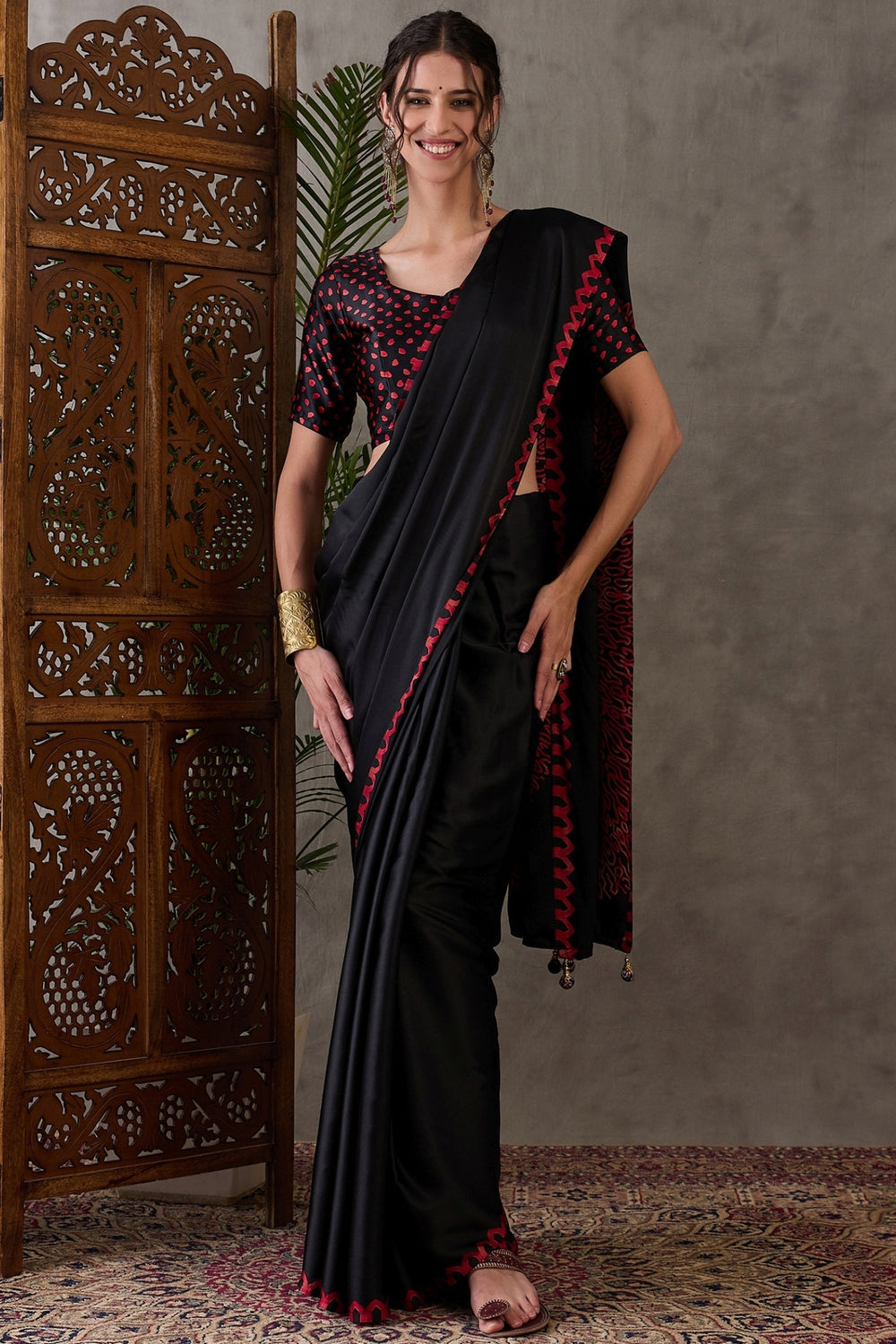 Black Pure Gaji Silk Satin Printed Saree ##color## Japan Satin Saree with premium fabric and embroidery