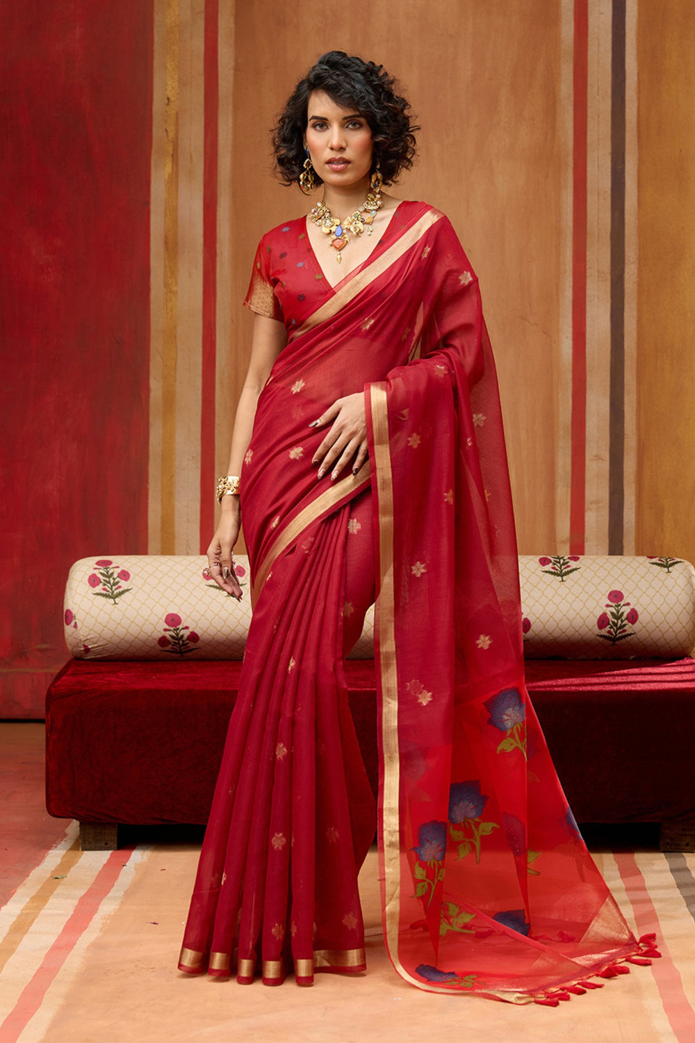 Red Pure Soft Moonga Cotton Handloom Saree