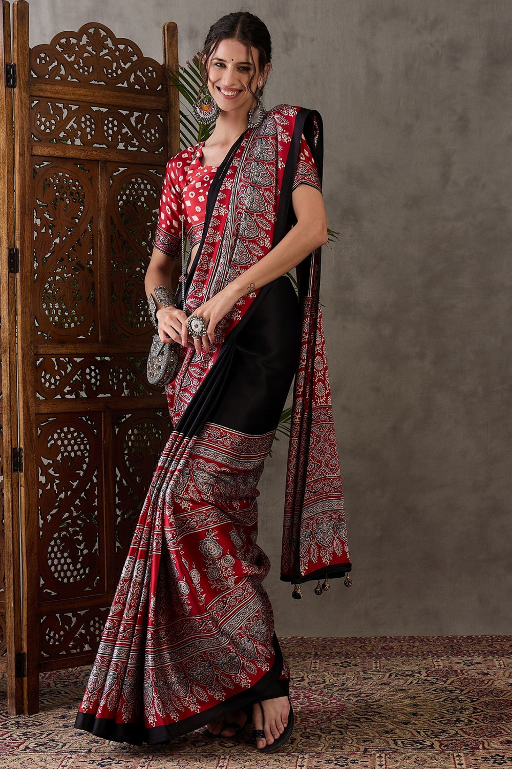Black Pure Soft Modal Satin Ajrakh Print Satin Saree Japan Satin Saree Anant Tex Exports Pvt.Ltd..