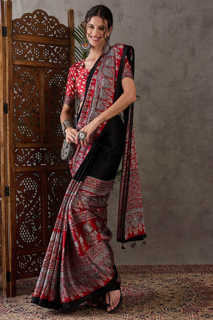 Black Pure Soft Modal Satin Ajrakh Print Satin Saree Japan Satin Saree Anant Tex Exports Pvt.Ltd..