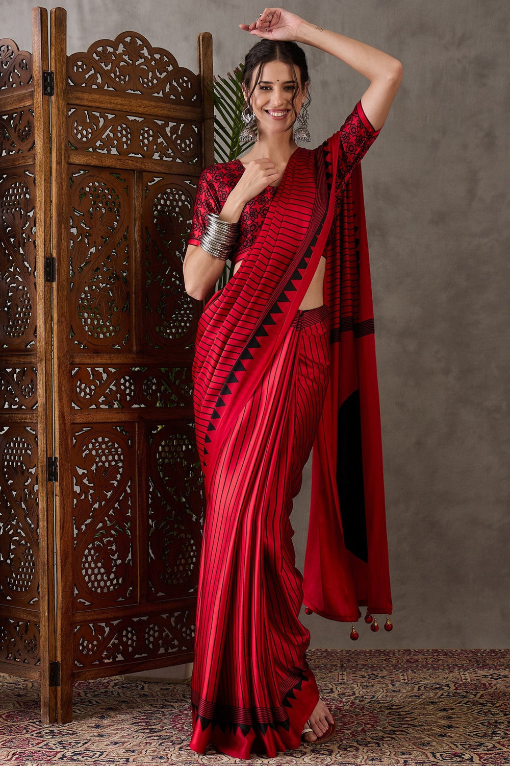 Rose Red Printed Satin Gaji Silk Saree ##color## Japan Satin Saree with premium fabric and embroidery