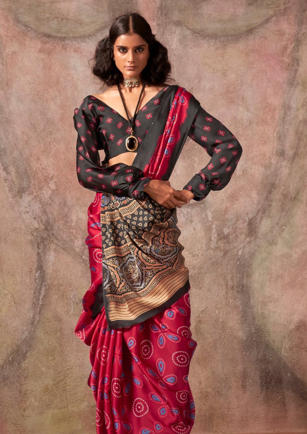 Red Ajrakh Printed Satin Georgette Silk Saree 