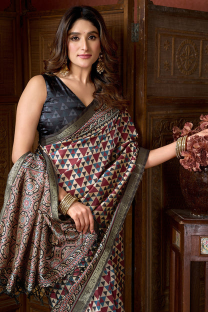 Multicolor White Pure Cluster Silk Ajarkh Digital Printed Saree 