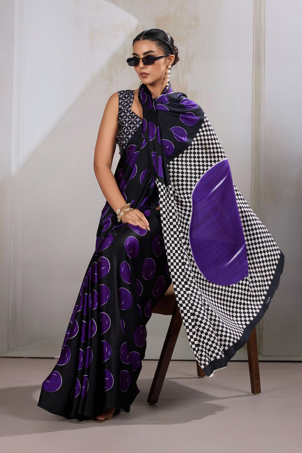 Blue Printed Polka Dots Satin Crepe Saree ##color## Floral Printed Saree with premium fabric and embroidery