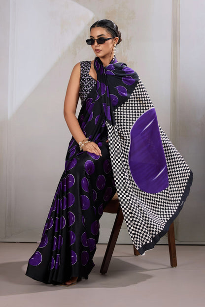Blue Printed Polka Dots Satin Crepe Saree 