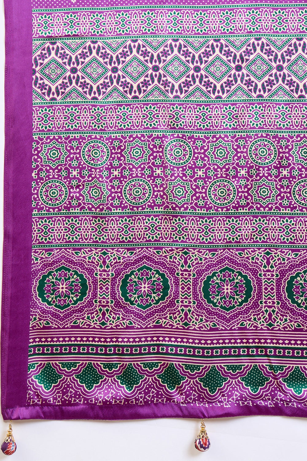 Cream and Purple Pure Soft Modal Satin Ajrakh Print Satin Saree Japan Satin Saree Anant Tex Exports Pvt.Ltd..