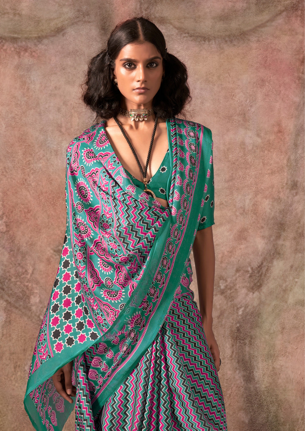Green Ajrakh Printed Satin Georgette Silk Saree 