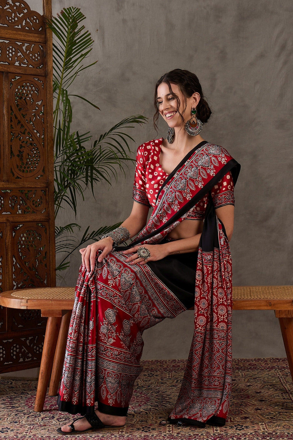Black Pure Soft Modal Satin Ajrakh Print Satin Saree Japan Satin Saree Anant Tex Exports Pvt.Ltd..