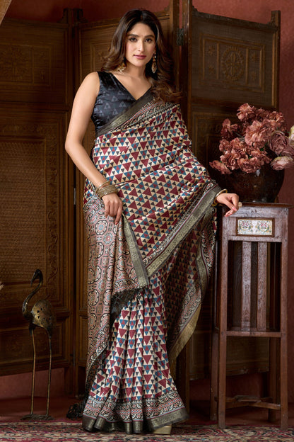 Multicolor White Pure Cluster Silk Ajarkh Digital Printed Saree 