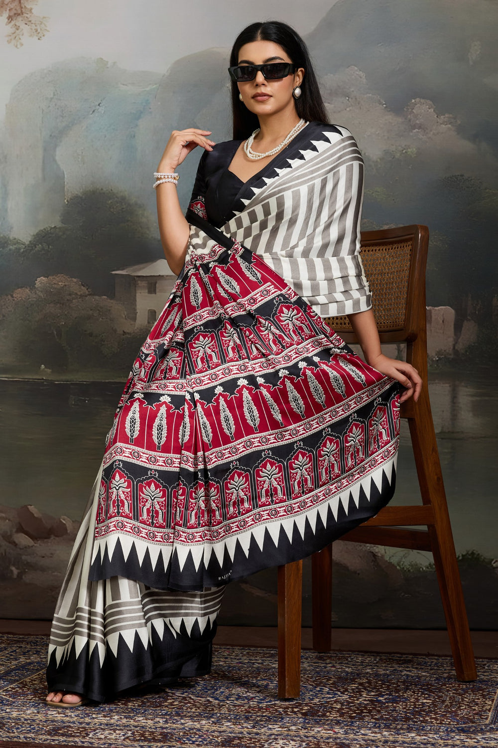 White and Black Pure Ajrakh Printed Satin Crepe Silk Saree ##color## Floral Printed Saree with premium fabric and embroidery