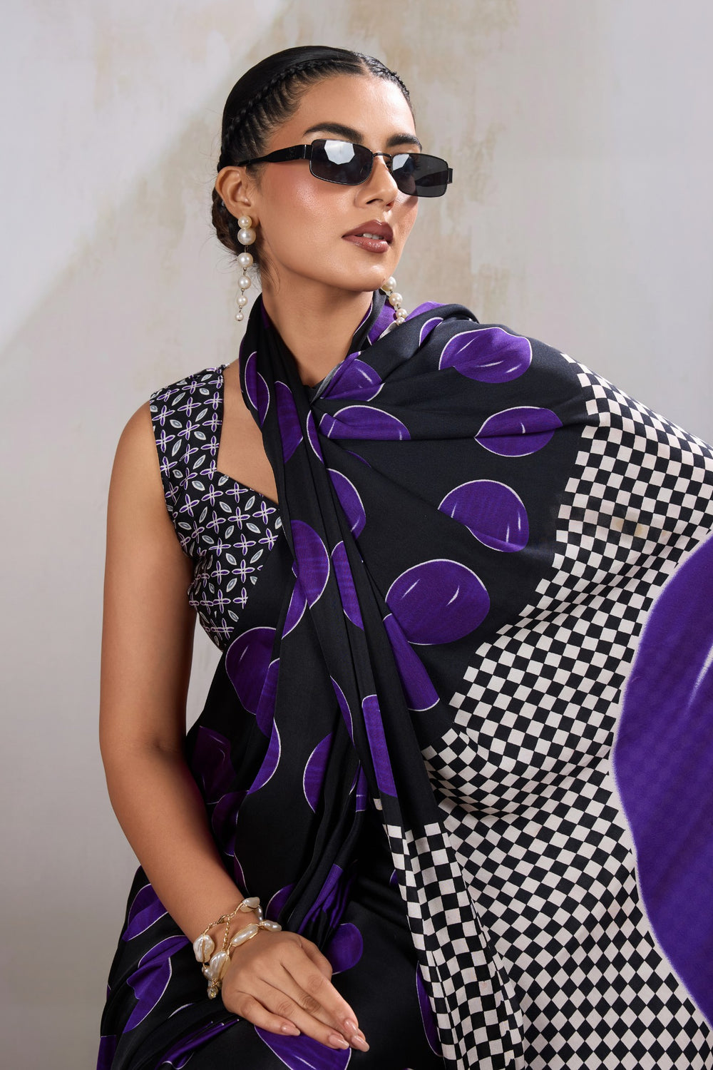 Blue Printed Polka Dots Satin Crepe Saree ##color## Floral Printed Saree with premium fabric and embroidery