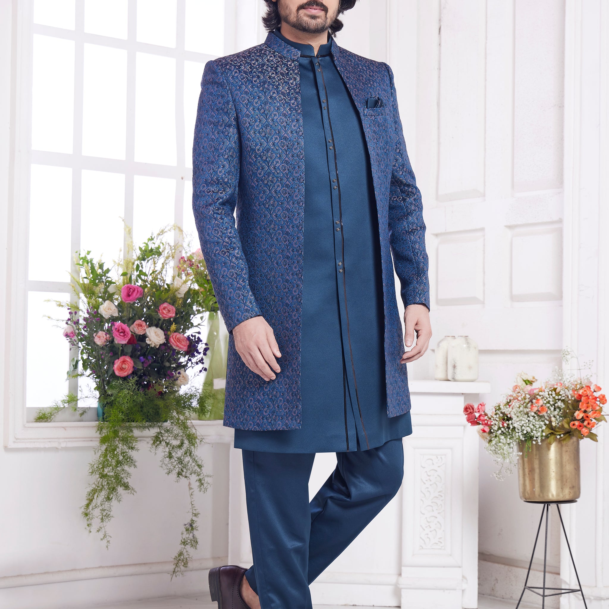 Shiny teal blue indo western for men