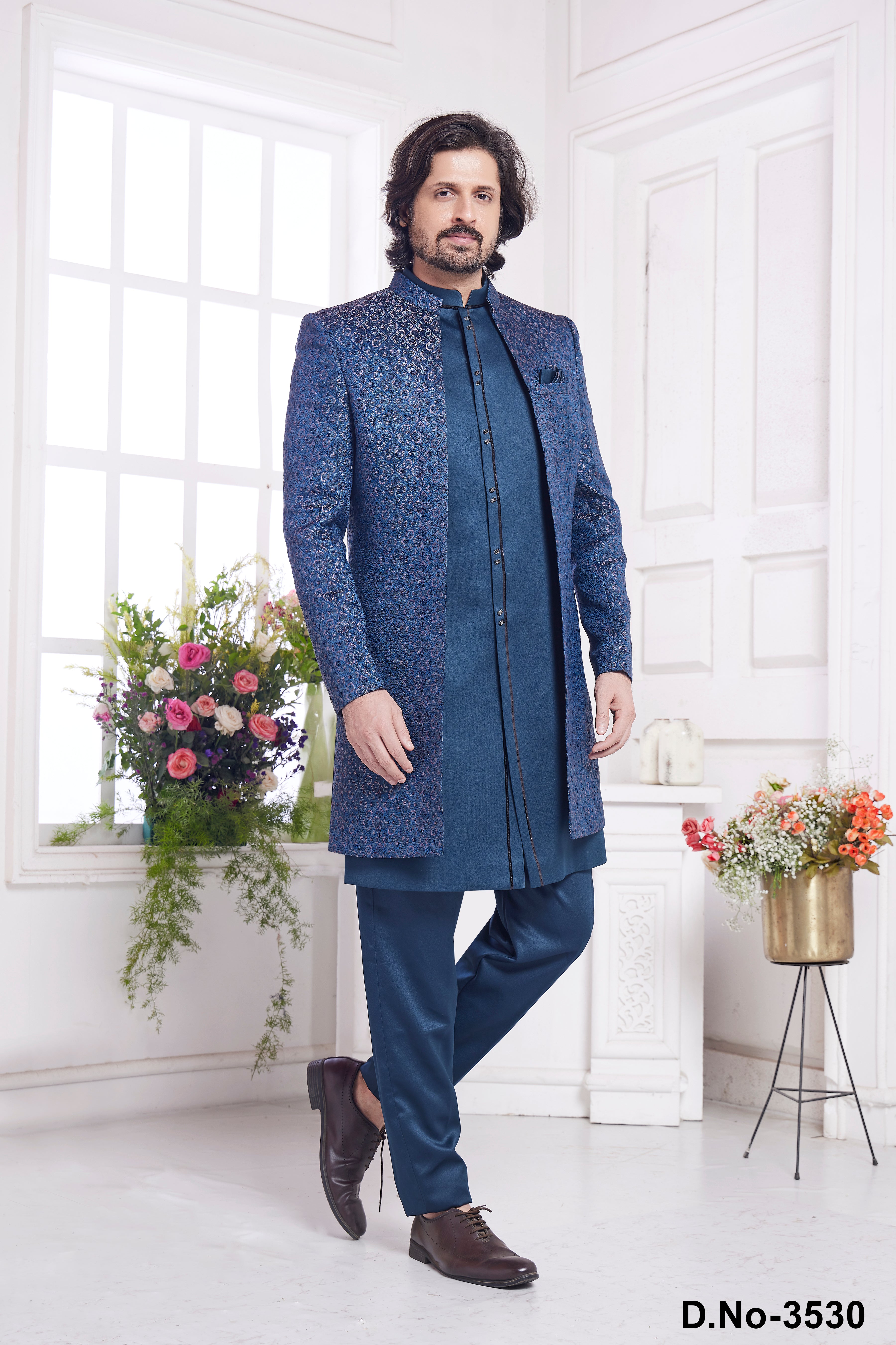 Shiny teal blue indo western for men