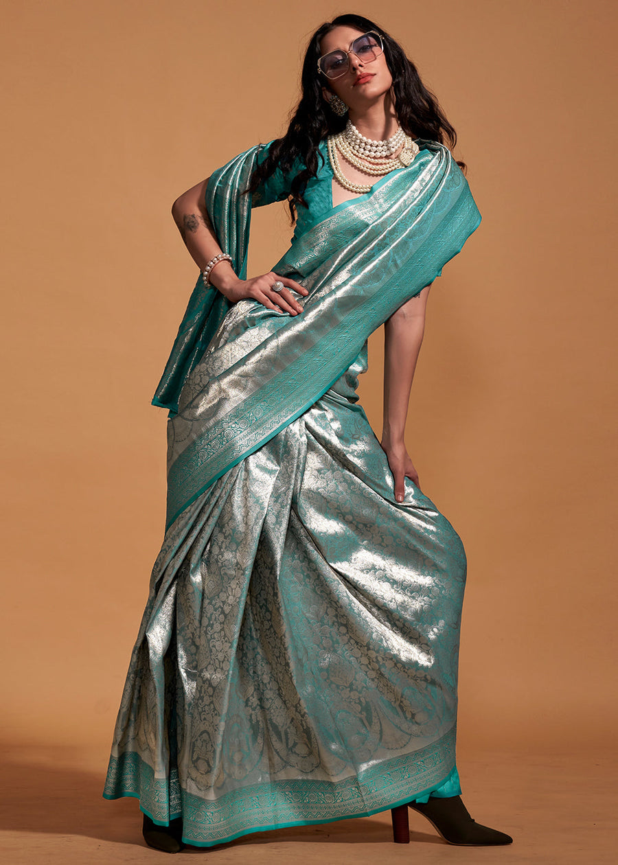 Neptune Blue Woven Kanjivaram Banarasi Silk Saree