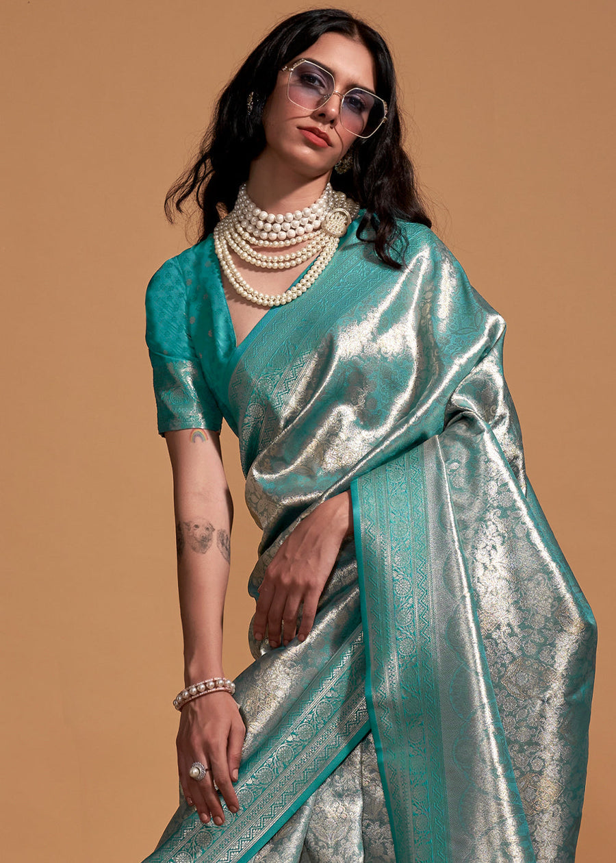 Neptune Blue Woven Kanjivaram Banarasi Silk Saree