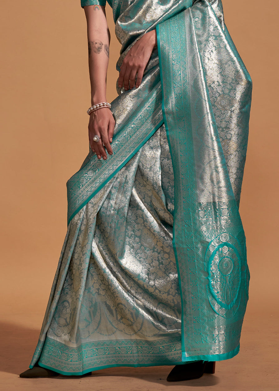 Neptune Blue Woven Kanjivaram Banarasi Silk Saree
