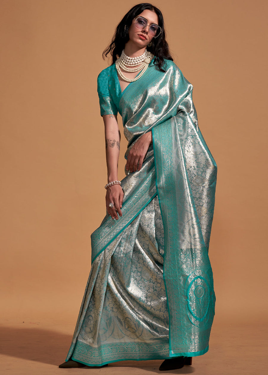 Neptune Blue Woven Kanjivaram Banarasi Silk Saree