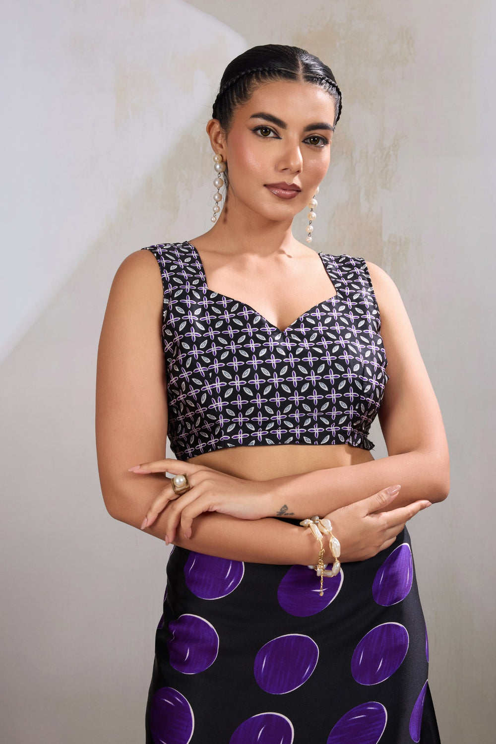 Blue Printed Polka Dots Satin Crepe Saree ##color## Floral Printed Saree with premium fabric and embroidery